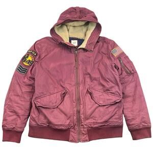 Gap Patched Hooded Bomber Jacket Men XL Burgundy USA Eagle Sherpa Military 2017